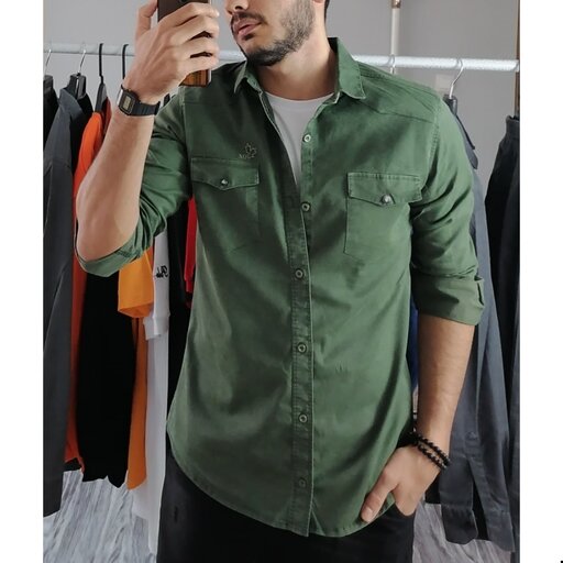 پیراهن مردانه کتان پنبه  سنگشور ‌شده رنگ سبز ارتشی آستین بلند سایز   xxxl مدل rzzx81
