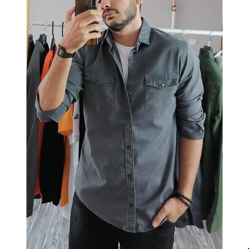 پیراهن کتان پنبه  مردانه سنگشور  شده رنگ طوسی آستین بلند سایز   xxl مدل ibbv65