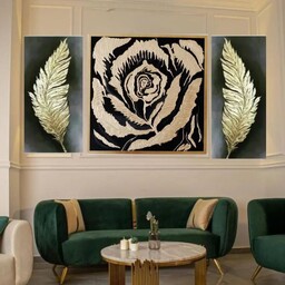 تابلو نقاشی سه تکه گل رز و پر برجسته و ورق طلا