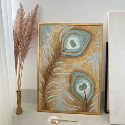 تابلو نقاشی مدل پر طاووس برجسته ورق طلا دوتایی 