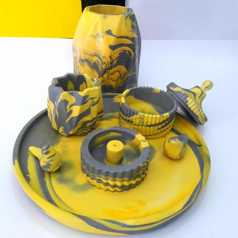 گلدان سنگ مصنوعی 6 تکه دکوری و کاربردی  رنگ طوسی و زرد 