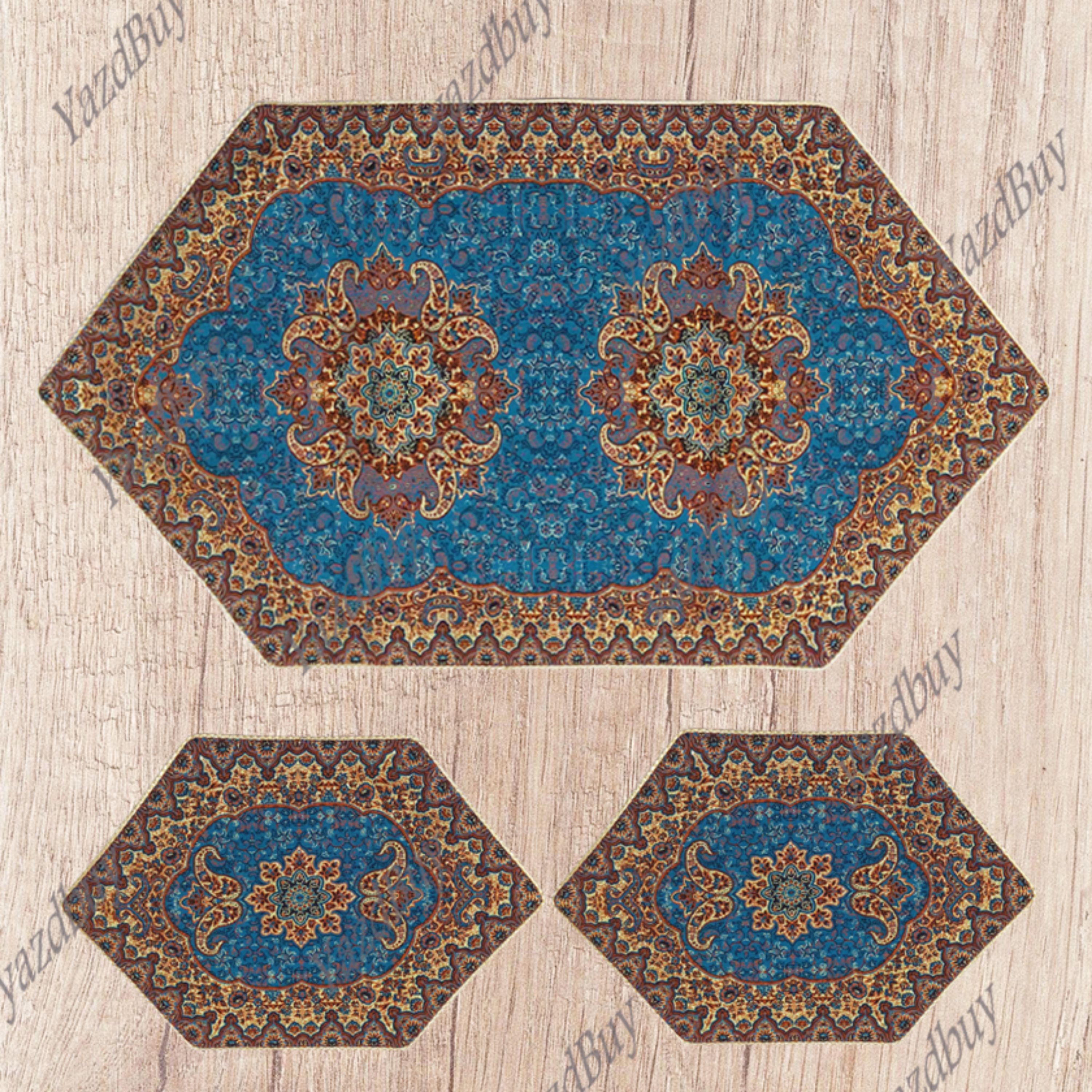 رومیزی ترمه ست 3 تکه طرح نسترن رنگ آبی کیفیت عالی 