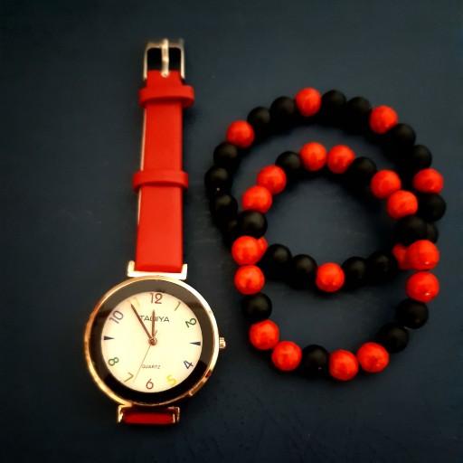 ست دستبند اونیکس و ساعت قرمز