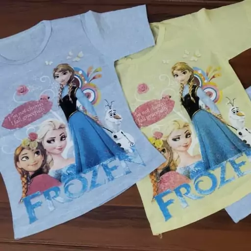 تیشرت دخترانه frozen.در دو رنگ زرد و آبی.دارای سایز 40.جنس ملانژ رنگی