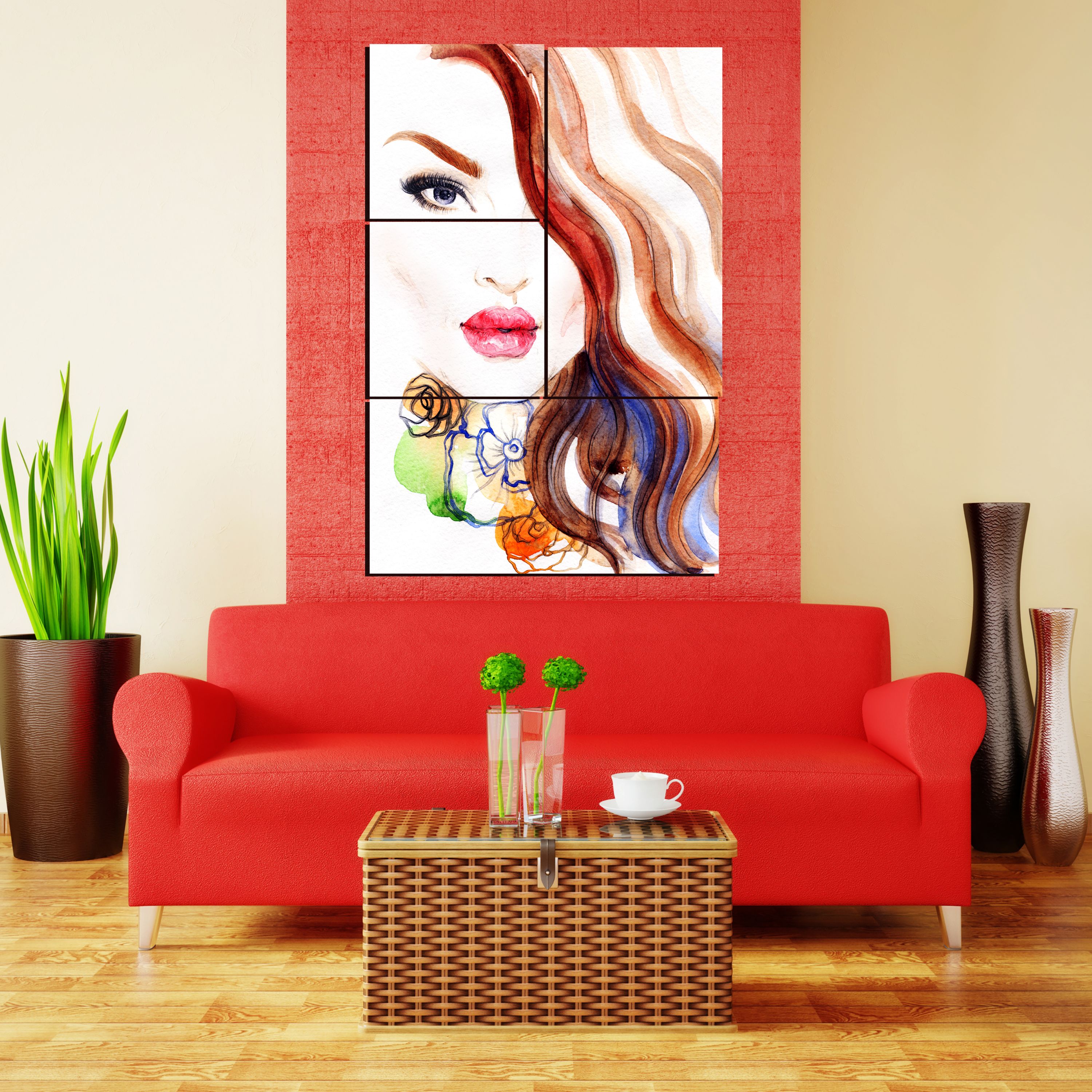 تابلو شاسی 4 تکه طرح نقاشی صورت زن کد 56 سایز 60x90 سانتیمتر