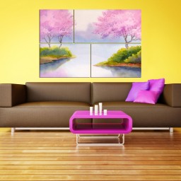 تابلو شاسی چهار تکه طرح نقاشی درخت و دریاچه سایز 60X90
