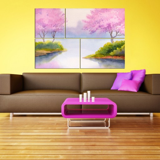 تابلو شاسی چهار تکه طرح نقاشی درخت و دریاچه سایز 60X40