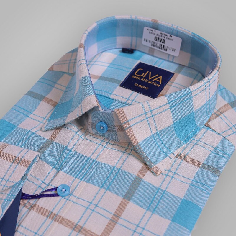 پیراهن مردانه پارچه پشمی چهارخانه رنگ سفید و آبی روشن