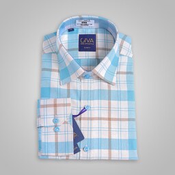 پیراهن مردانه پارچه پشمی چهارخانه رنگ سفید و آبی روشن