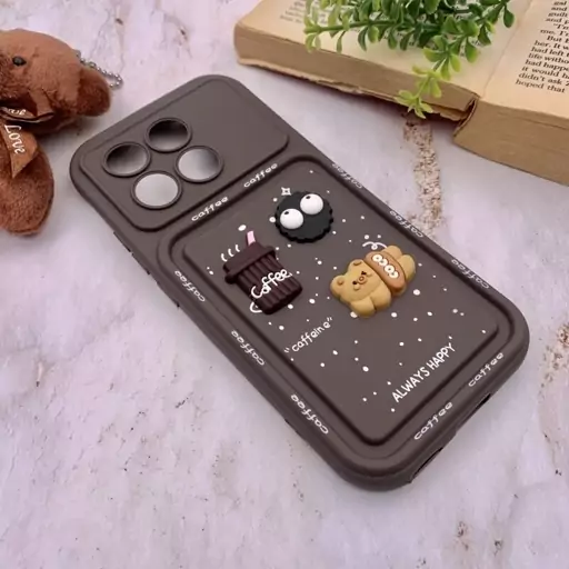 قاب گوشی Poco X6 Pro / Redmi K70E شیائومی سیلیکونی Solid Case منحنی برجسته تدی و میکروب قهوه ای محافظ لنز دار کد 99936