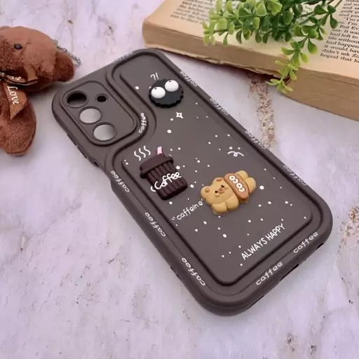 قاب گوشی Galaxy A25 سامسونگ سیلیکونی Solid Case منحنی برجسته تدی و میکروب قهوه ای محافظ لنز دار کد 36123