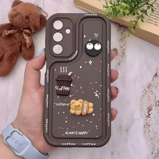 قاب گوشی Galaxy A25 سامسونگ سیلیکونی Solid Case منحنی برجسته تدی و میکروب قهوه ای محافظ لنز دار کد 36123