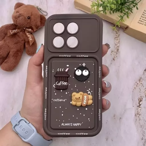 قاب گوشی Poco X6 Pro / Redmi K70E شیائومی سیلیکونی Solid Case منحنی برجسته تدی و میکروب قهوه ای محافظ لنز دار کد 99936