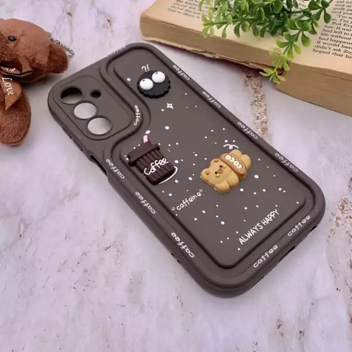 قاب گوشی Galaxy A15 سامسونگ سیلیکونی Solid Case منحنی برجسته تدی و میکروب قهوه ای محافظ لنز دار کد 38174