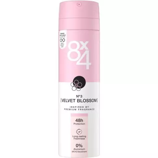 اسپری دئودورانت ضد تعریق 4x8 مدل Velvet Blossom شماره 3 با رایحه گل مخمل حجم 150 میل