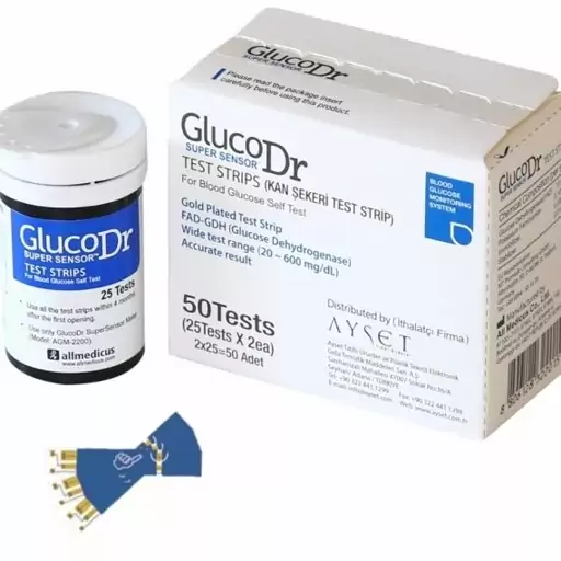 نوار تست قند گلوکو داکتر سوپر سنسور glucodr بسته 50 عددی