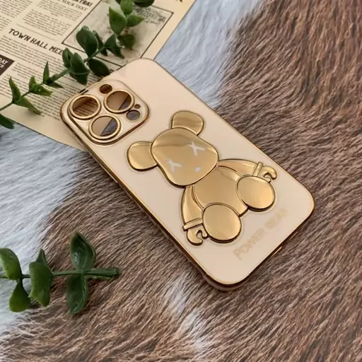 قاب گوشی iPhone 14 Pro آیفون ژله ای My Case مای کیس مدل خرس تدی طلایی برجسته محافظ لنز دار پاپ سوکت دار گلبهی کد 47132