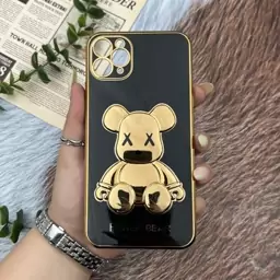 قاب گوشی iPhone 11 Pro Max آیفون ژله ای My Case مای کیس مدل خرس تدی طلایی برجسته محافظ لنزدار پاپ سوکت دار مشکی کد 11549