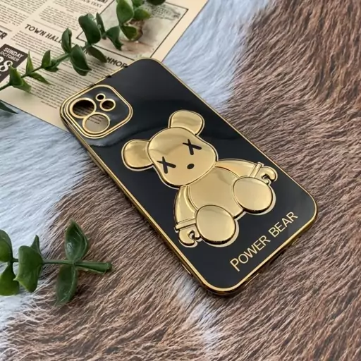 قاب گوشی iPhone 12 آیفون ژله ای My Case مای کیس مدل خرس تدی طلایی برجسته محافظ لنز دار پاپ سوکت دار مشکی کد 71112