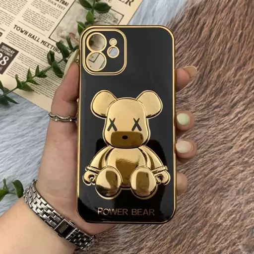 قاب گوشی iPhone 12 آیفون ژله ای My Case مای کیس مدل خرس تدی طلایی برجسته محافظ لنز دار پاپ سوکت دار مشکی کد 71112