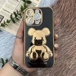 قاب گوشی iPhone 14 Pro آیفون ژله ای My Case مای کیس مدل خرس تدی طلایی برجسته محافظ لنز دار پاپ سوکت دار مشکی کد 85432