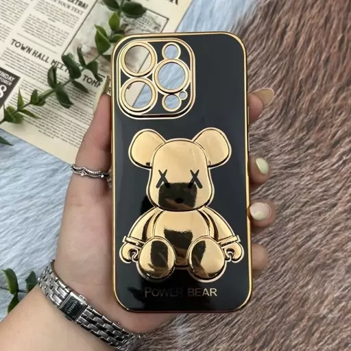 قاب گوشی iPhone 14 Pro آیفون ژله ای My Case مای کیس مدل خرس تدی طلایی برجسته محافظ لنز دار پاپ سوکت دار مشکی کد 85432