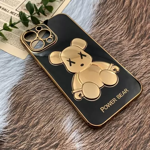 قاب گوشی iPhone 13 Pro Max آیفون ژله ای My Case مای کیس مدل خرس تدی طلایی برجسته محافظ لنزدار پاپ سوکت دار مشکی کد 60444