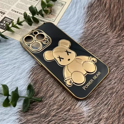 قاب گوشی iPhone 14 Pro آیفون ژله ای My Case مای کیس مدل خرس تدی طلایی برجسته محافظ لنز دار پاپ سوکت دار مشکی کد 85432