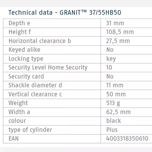 قفل آویز آبوس گرانیت فولادی قلاب بلند 37/55HB50