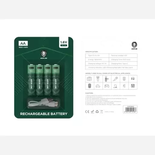 باتری قابل شارژ گرین لیون قلمی مدل Green Lion Rechargeable Battery AA 1.6V Alkaline Battery