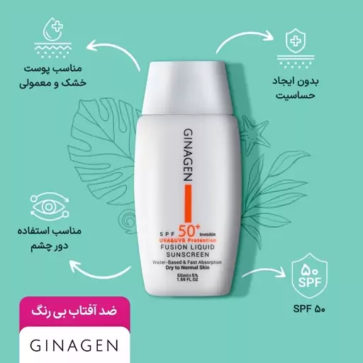 کرم ضد آفتاب بی رنگ ژیناژن مدل Fusion Liquid مناسب پوست چرب و مختلط 50 میلی لیتر