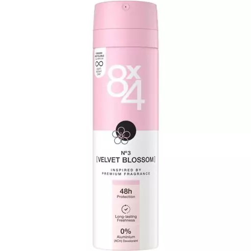 اسپری دئودورانت ضد تعریق 8 ضرب 4 مدل Velvet Blossom شماره 3 با رایحه گل مخمل حجم 150 میل