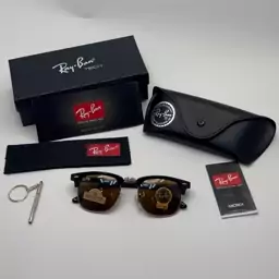 عینک آفتابی ریبن  rayban کلاب مستر شیشه سنگ قهوه ای فریم نقره ای rb 3016 به همراه پک کامل اورجینال 