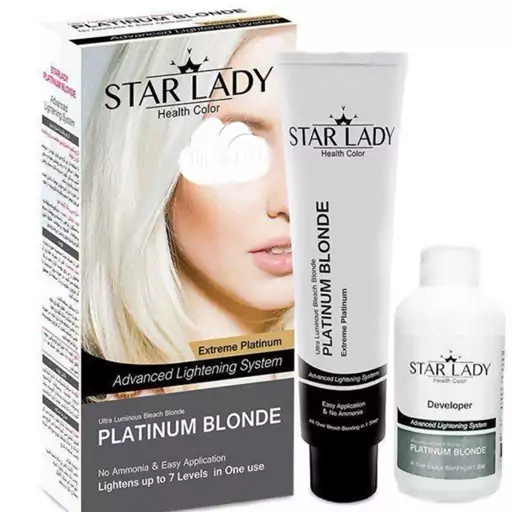 پلاتینیوم بلوندر استارلیدی starlady بیرنگ کننده مو سر کرم پلاتینه استار platinum blonde انواع پودر دکلره رنگ مو موجوده 