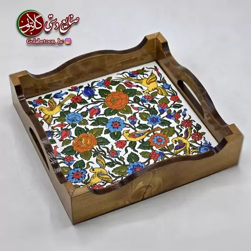 سینی کاشی طرح گل و مرغ