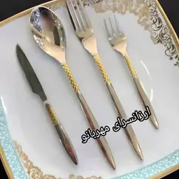 سرویس قاشق و  چنگال 6 میل نیمه طلایی 24 نفره 120 پارچه یونیک اصل آلمان نقره ای طلایی 