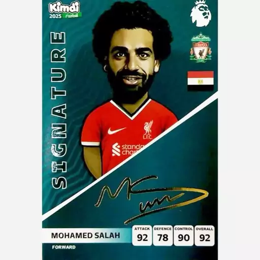 کارت فوتبالی کیمدی محمد صلاح 2025 - سری امضا شده به همراه برچسب محمد صلاح 2025