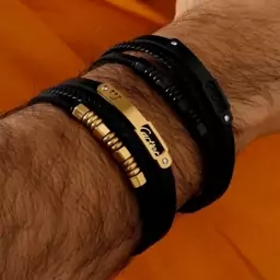 دستبند چرم طبیعی مردانه 3 لاین کارتیر CARTIER قفل و پلاک استیل رنگ کاملا ثابت کد1 MP