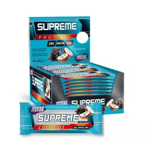 پروتئین بار کرانچی سوپریم با مغز نارگیل و شکلات تلخ باکس 24 عددی supreme muscle station

