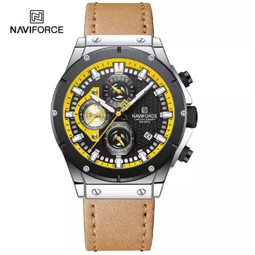 ساعت مچی مردانه نیوی فورس Naviforce NF 8027 S/B/BN سه موتوره بند چرم رنگ کرمی