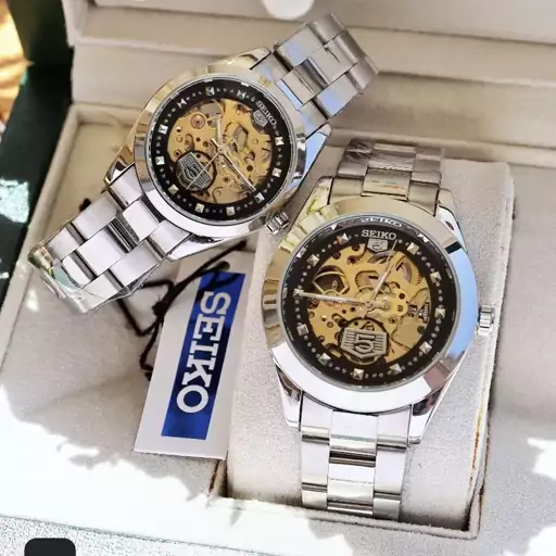 ست زنانه مردانه ساعت مچی اتومات سیکو قلب باز پشت شیشه ای دارای رنگبندی جذاب SEIKO