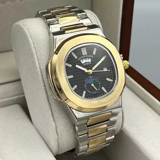 ساعت مچی مردانه دو تقویم طرح خورشید و ماه بند استیل رنگ ثابت patek  Philippe