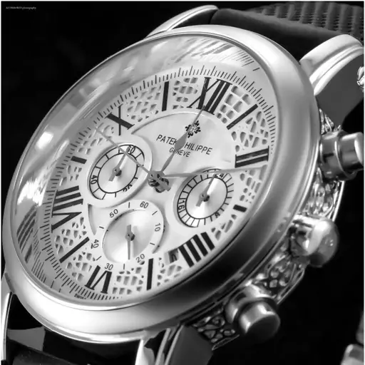 ساعت مچی مردانه سه موتور فعال کرنوگراف تقویم نمایان قاب حکاکی پتک فیلیپ Patek Philippe