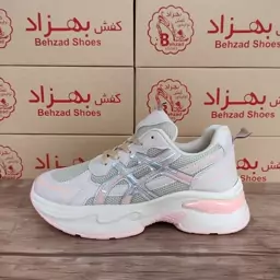 کتونی آسیکس asics دخترانه زنانه سایز 37 تا 40 رنگ کرم صورتی زیره پیو کفی طبی لژ پنج سانتی رویه راشل وچرم مصنوعی سبک 