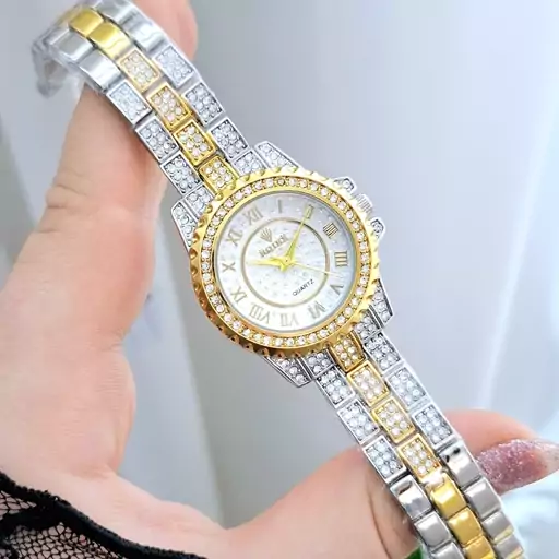 ساعت مچی زنانه فول نگین ROLEX رولکس بند استیل طلایی دو رنگ صفحه نمایش گرد سفید مجلسی شیک و جدید کد 3156