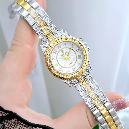 ساعت مچی زنانه فول نگین ROLEX رولکس بند استیل نقره ایی صفحه نمایش گرد مجلسی شیک و جدید کد 3157