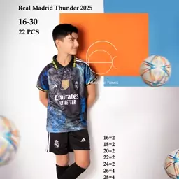 کیت تیشرت با شورت اذرخش کانسپت دراگون تیم باشگاهی رئال مادرید طرح آذرخش 2025 تایلندی درجه یک بچه گانه 