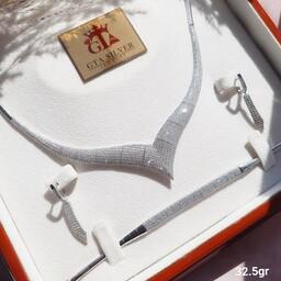 سرویس زیبای تنیسی جواهر نقره عیار925 روکش طلا سفید رنگ ثابت و فاکتور اصل