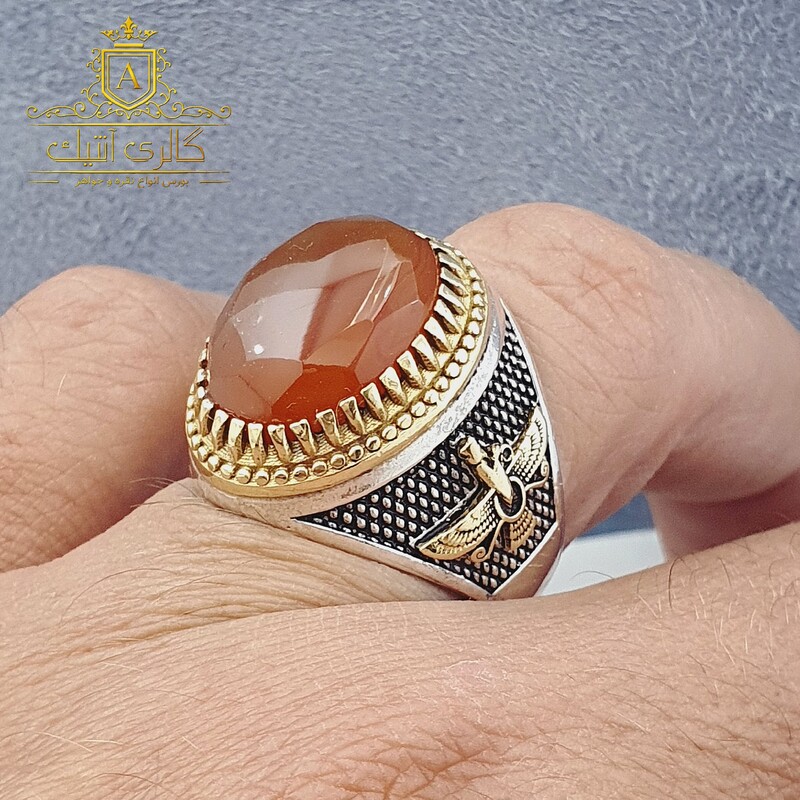انگشتر نقره زیبای مردانه با عیار925 با نگین عقیق یمنی اصل تراش الماسه وزن 14.50گرم