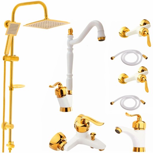 ست شیرآلات رز مدل بیزانس لایت مجموعه 8 عددی سفید طلایی به همراه علم دوش حمام دوکاره تمام استیل و شلنگ توالت برنجی 